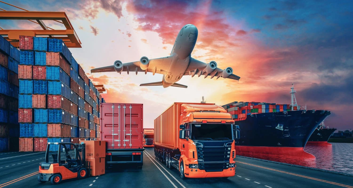 Cargo plane and freight containers being loaded for international shipping